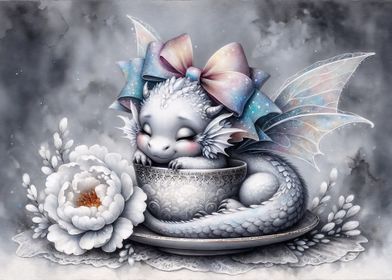 Sleeping Cute Baby Dragon in Teacup