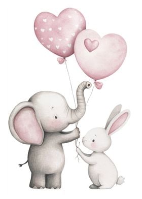 Elephant and Bunny with Balloons