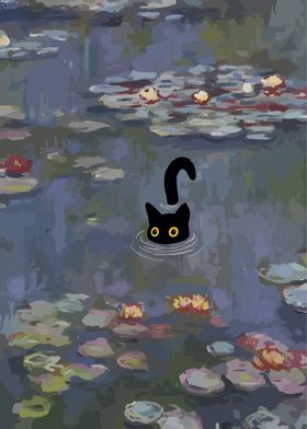 Black Cat in Water Lilies