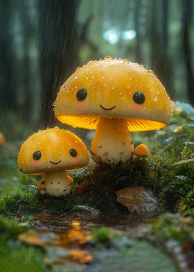 Smiling Mushrooms in the Rain