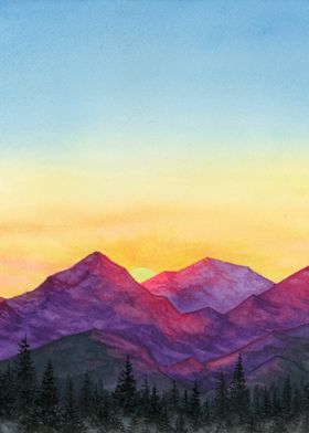 Sunset Mountain Watercolor