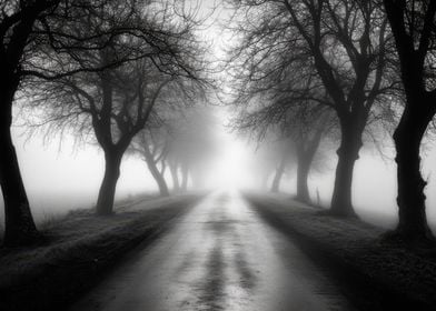 Foggy Road Through Trees