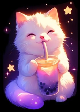 Cute White Cat with Boba Tea