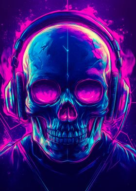 Neon Skull with Headphones