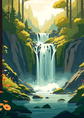 Cartoon Lush Forest Waterfall River Landscape Art