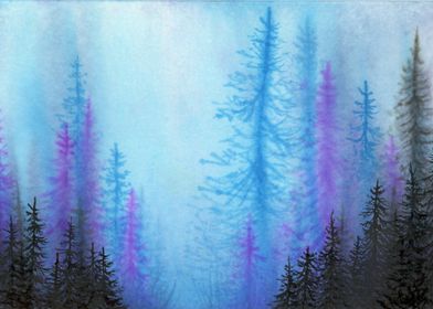 Misty Blue Watercolor Forest