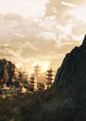 Japanese Pagoda Mountainscape