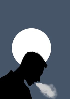 Exhaling: Silhouette of Man  under the moon light