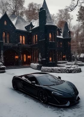 Black Sports Car & Mansion