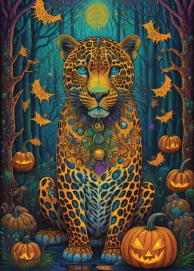 Leopard in Forest with Pumpkins