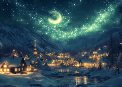 Snowy Village Night