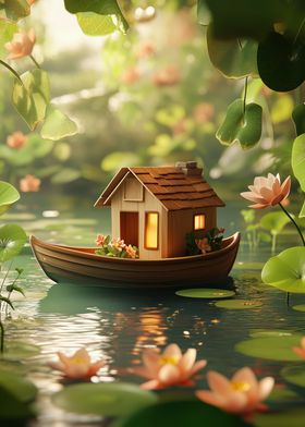 Tiny House Boat in a Pond