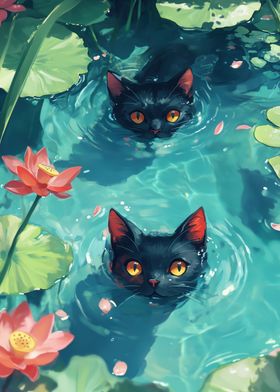 Black Cats in Water Lilies