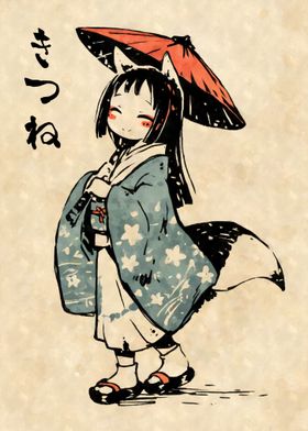 Kitsune Girl in Kimono Yokai