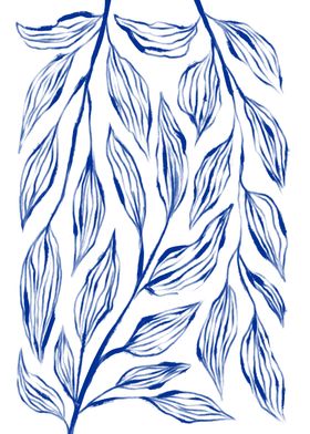 Blue Ink Leaf Branch Art