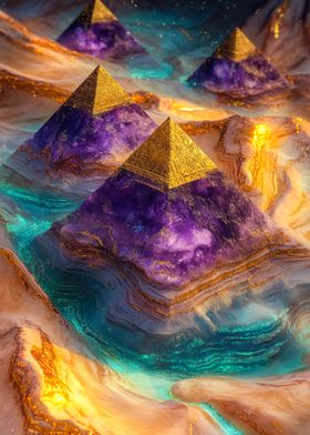 Abstract Golden Purple Pyramids Desert Aura Art