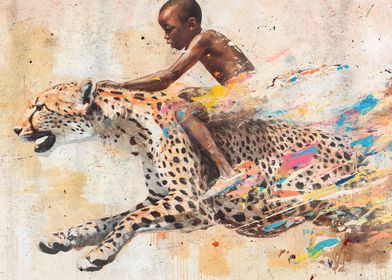 African Boy Riding Cheetah