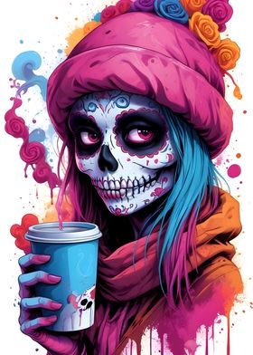 Sugar Skull Girl with Coffee