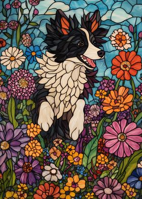 Stained Glass Dog in Flowers