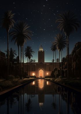 Nighttime Palace with Palm Trees