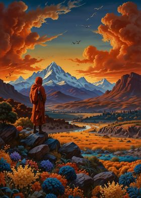 Monk Contemplating Mountains