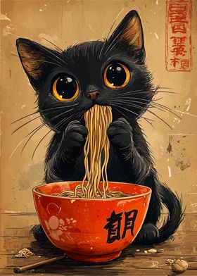 Black Cat Eating Ramen