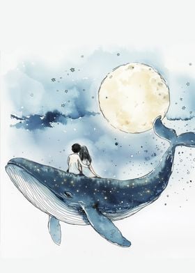 Couple on Whale Under Moon