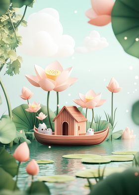 Cute Animals in Lotus Pond