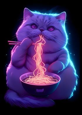 Neon Cat Eating Ramen