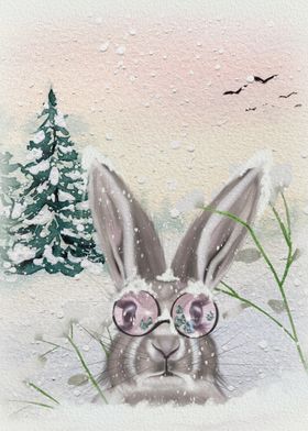 Winter Wonderland Rabbit with Snow-Covered Glasses 