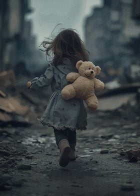 Little Girl Running with Teddy Bear