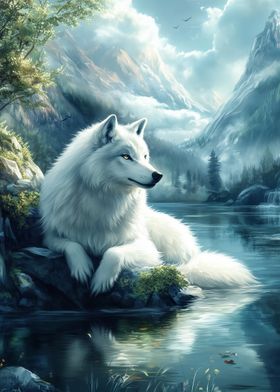 White Wolf by the Lake