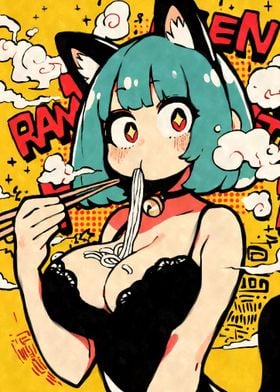 Cat Girl Eating Ramen Noodles