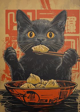 Black Cat Eating Dumplings