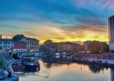 Sunset over City Canal Darsena Milan