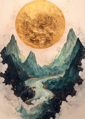 Golden Moon Over Mountains