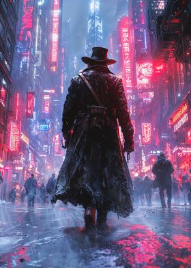 Cyberpunk Cityscape with Lone Figure