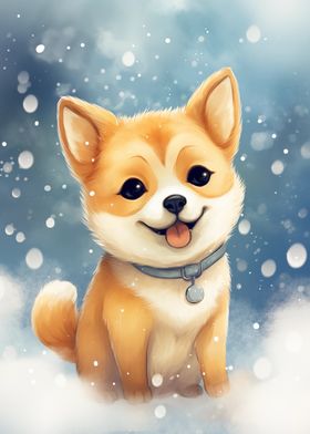 Cute Shiba Inu Puppy in Snow