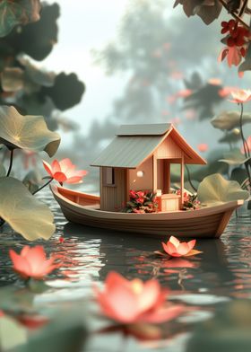 Wooden Houseboat with Lotus Flowers