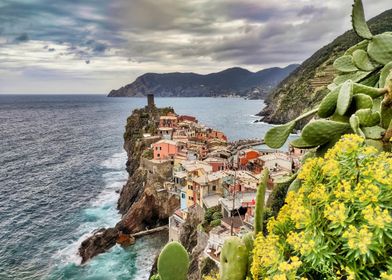 Coastal Village with Tower in Cinque Terre