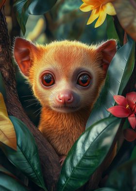 Cute Tropical kinkajou in rainforest