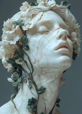 Cracked Marble Bust with Flowers