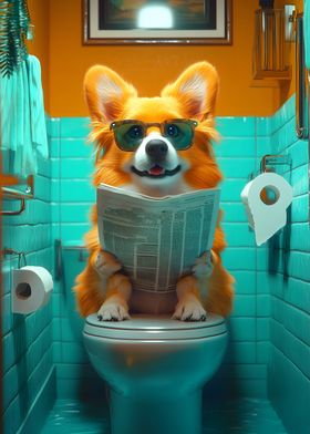 Corgi Reading on Toilet