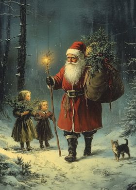 Vintage German Santa Claus in Winter Forest Postcard