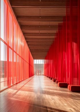 Red Curtains in Modern Hallway