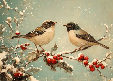 Winter Christmas Birds on Branch