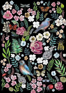 Floral Garden with Birds