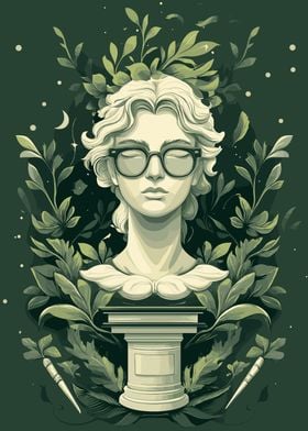 Green Academia Bust with Glasses and Books