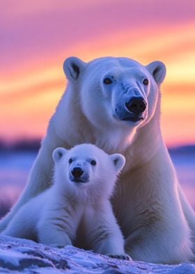 Polar Bear Family Sunset