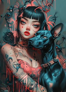 Baroque Cyberpunk Girl with Dog